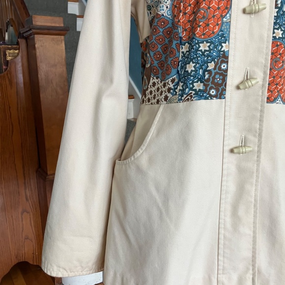 Vintage 70s Japanese Floral Patchwork Ivory Hooded Cotton Canvas Coat S/M - Picture 5 of 10